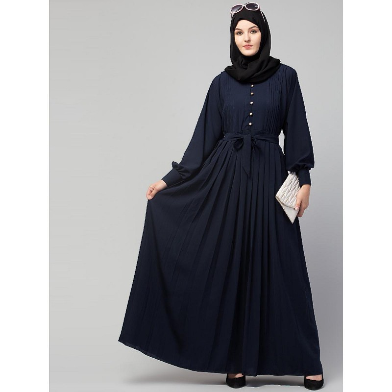 Modern Pleat and decorative button Abaya Blue